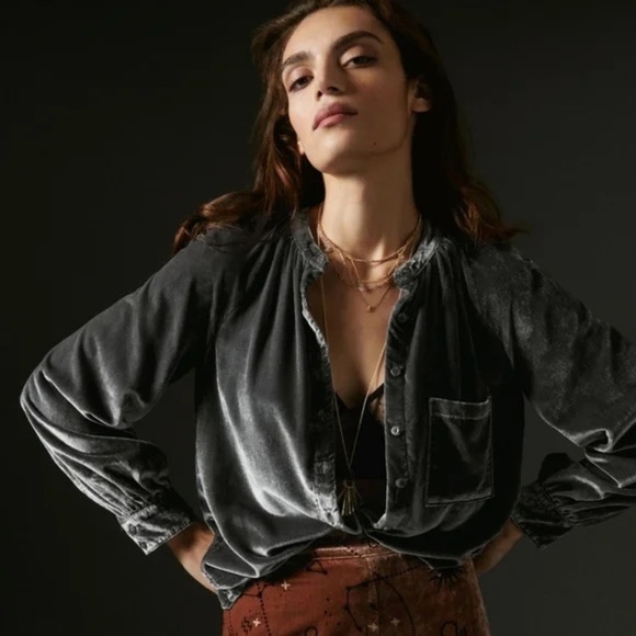 Small Anthropologie pilcro velvet femme button down collarless shirt grey gray - Picture 5 of 14